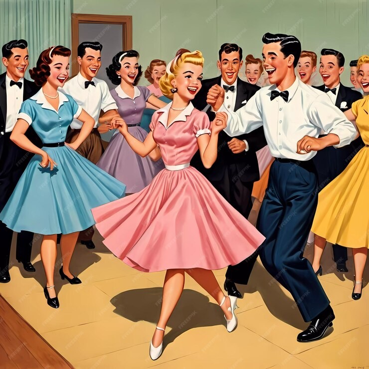 Teens joyfully dancing colorful outfits lively school dance party evoking nostalgic rhythms from past generative ai 565632 17663